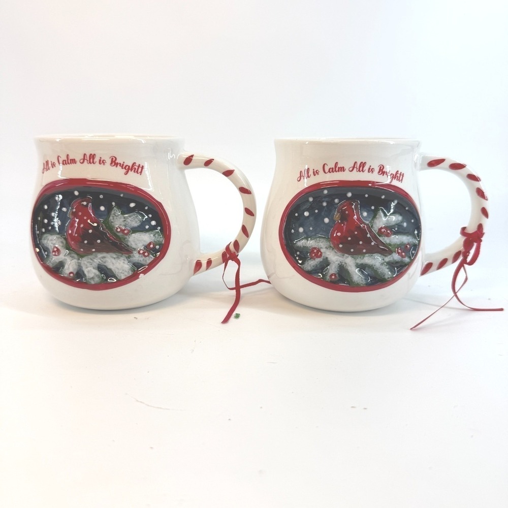 Blue Sky Cardinal Mugs Set of 2 White Red All Is‎ Calm All Is Bright Holiday